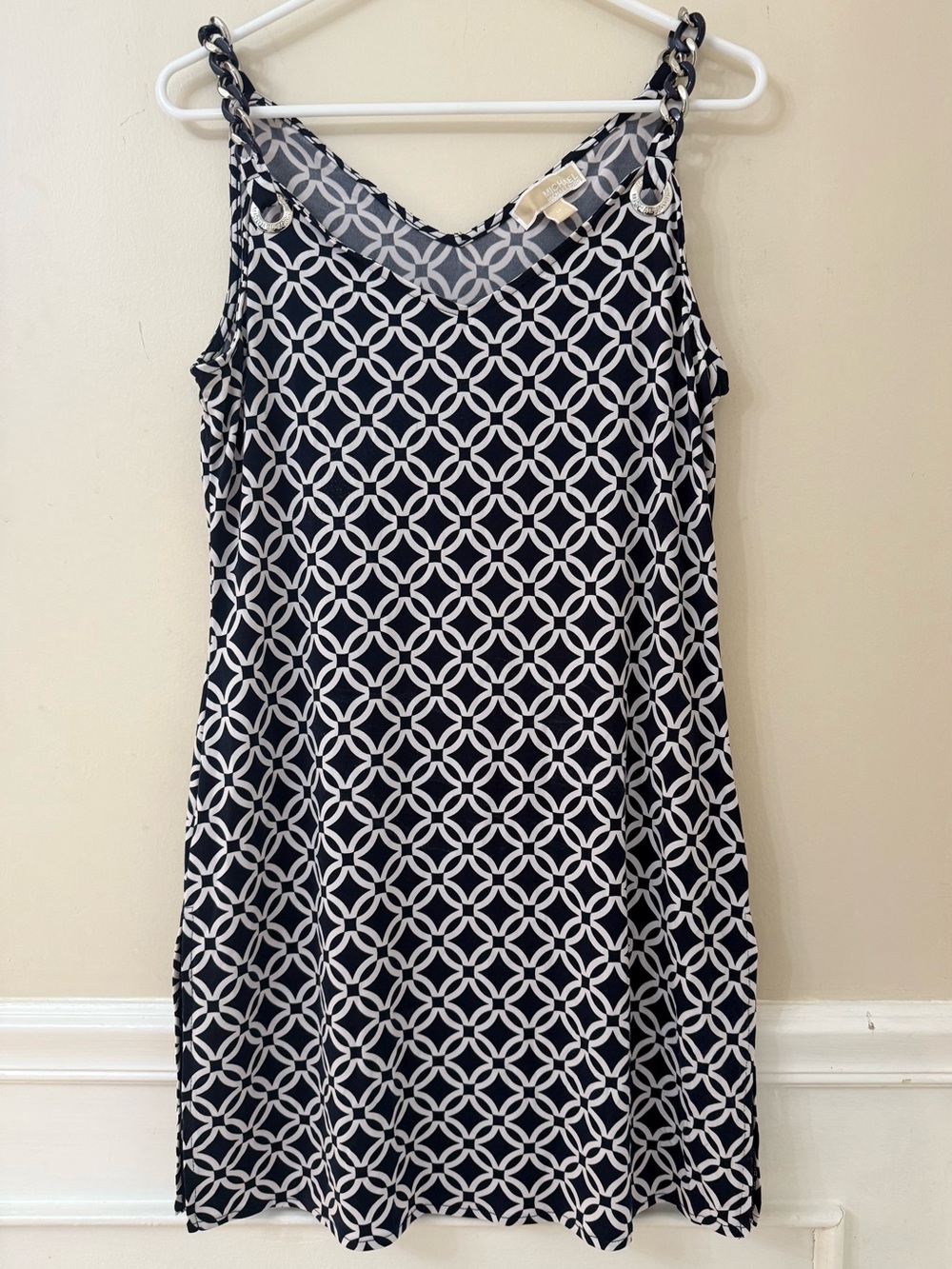 Michael Kors chain strap sleeveless navy & White Geometric Tank Dress medium